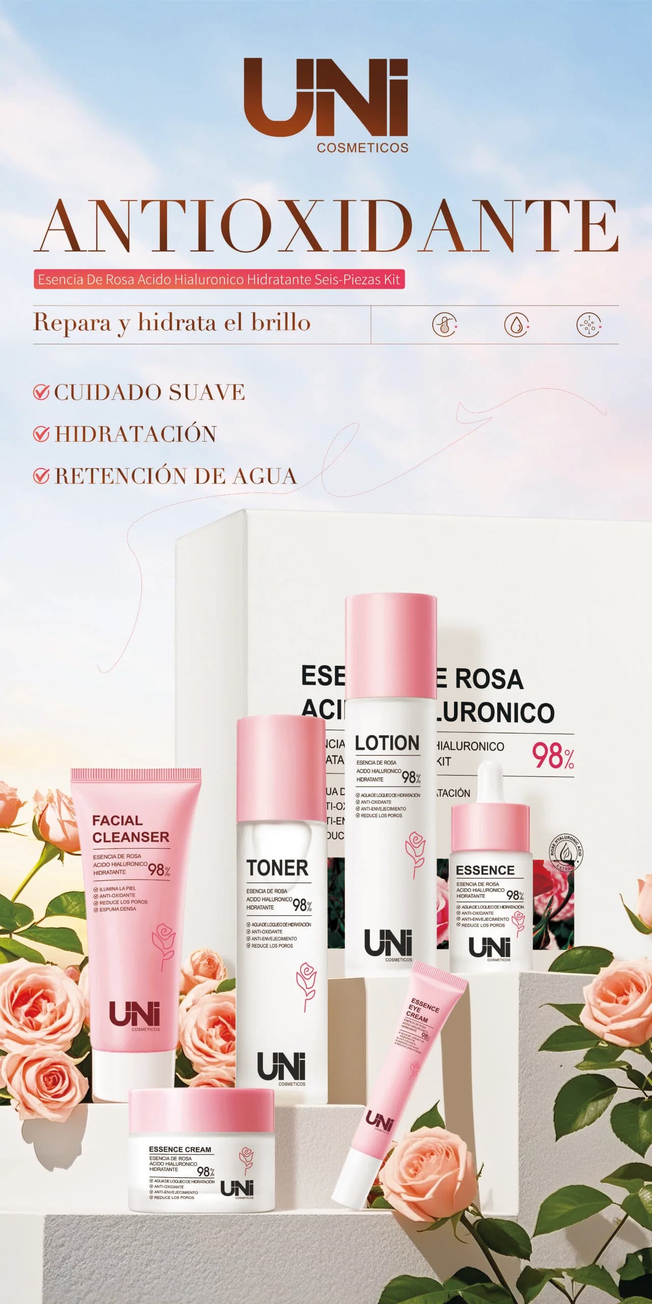 Kit facial UNI Rosa y Ácido Hialurónico de seis piezas, vista 2