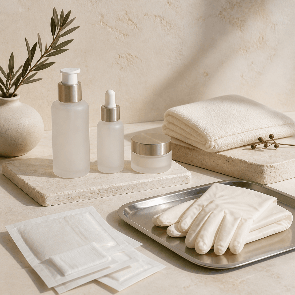Skincare e insumos profesionales en una composición cálida y minimalista